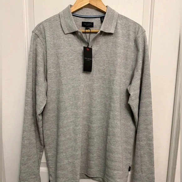 Ted Baker NWT Popcorn Stripe Long-Sleeve Polo in Heather Gray - Picture 3 of 8